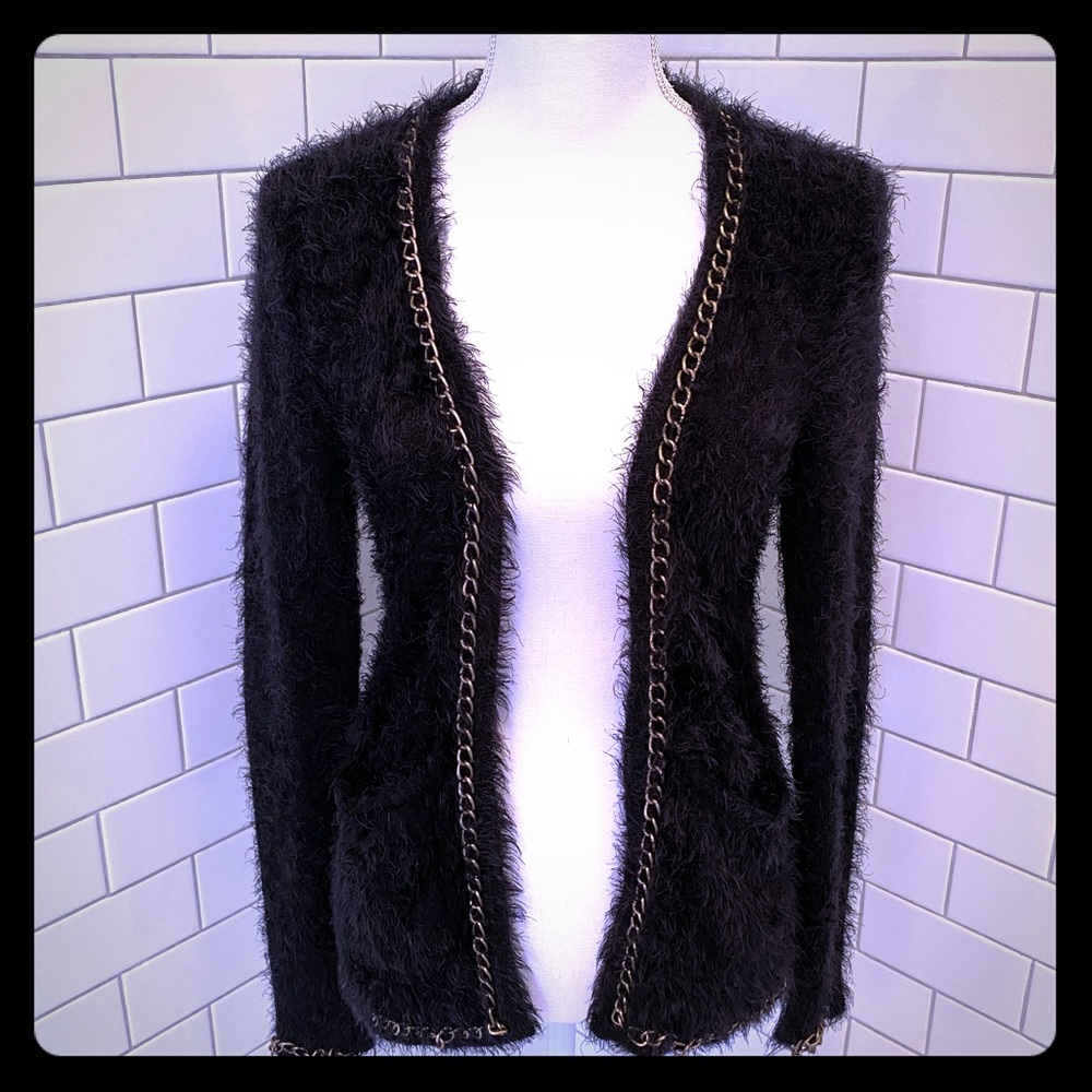 MinkPink Black Furry Cardigan Sweater w/ Chain XS